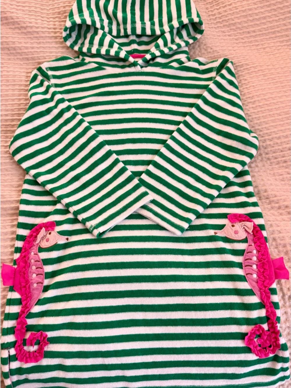 Mini Boden Green and White Striped, Terrycloth Hooded Dress with Pink Trim 6/7